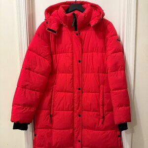 BCBGeneration Long Puffer Coat Women L Large Watermelon Red